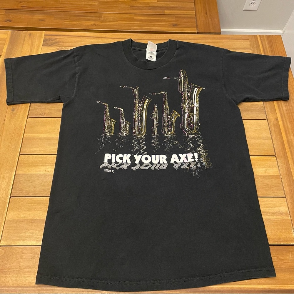 Vintage 90s Pick Your Axe Saxophone Woodwind Music Jazz T Shirt Large Black